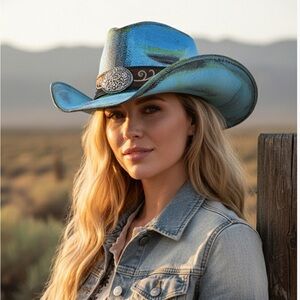 Blue Western Antique Wash Straw Cowboy Hat Filigree Oval Buckle